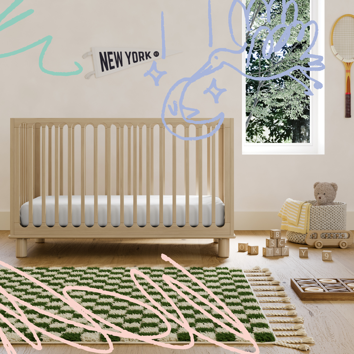 Natural wood colored baby crib in nursery room, surrounded by various decorative nursery objects, and child-like sketch drawings overtop the image