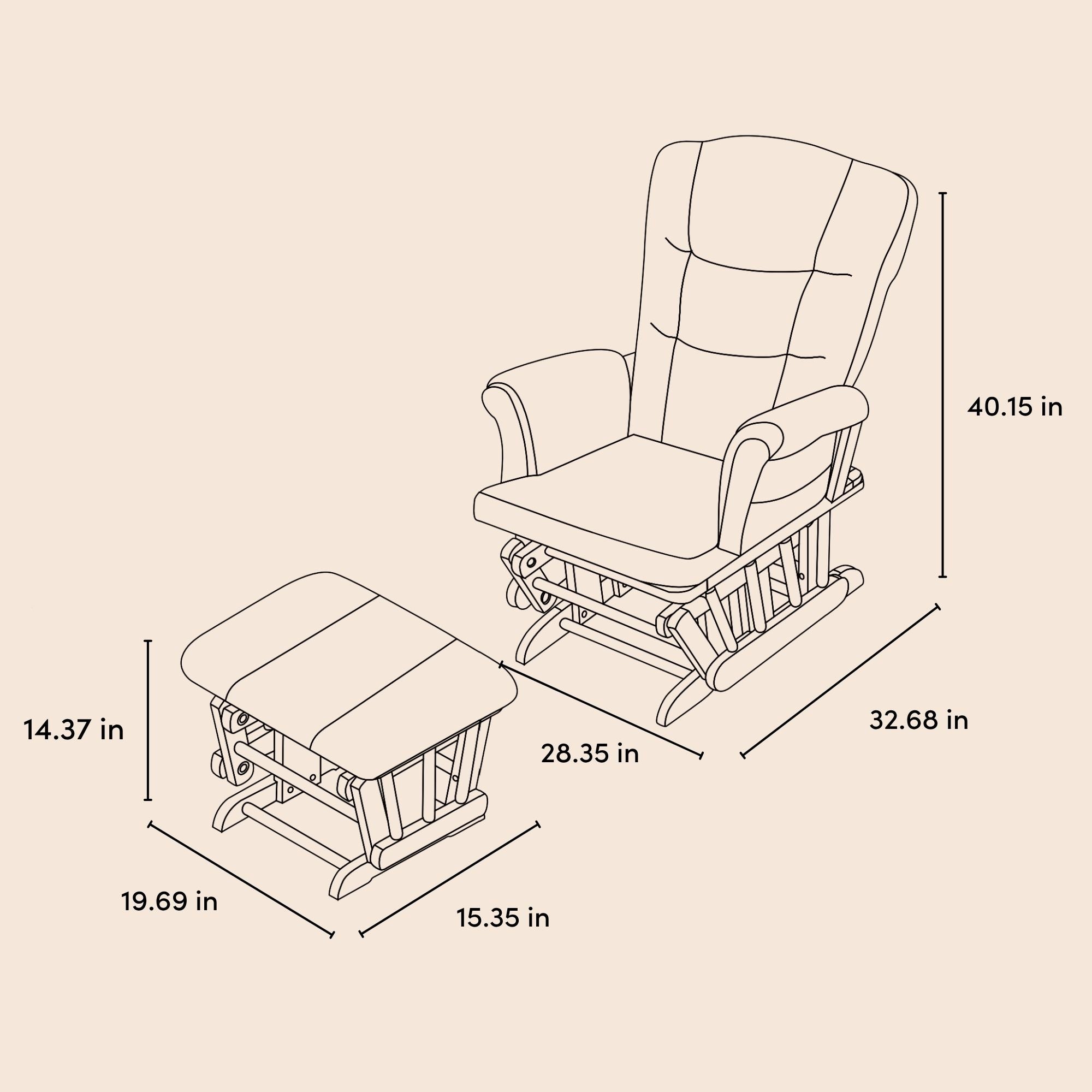 Tuscany espresso with beige glider and ottoman drawing with dimensions