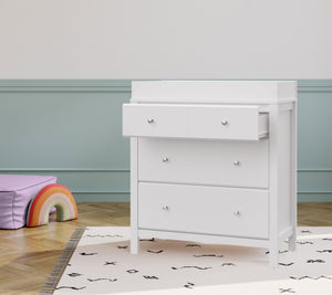 White 3 drawer chest with 1 open drawer in a room