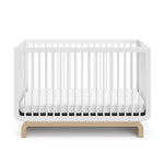 Two-tone white and natural wood baby crib, at a front-facing angle (White with Driftwood)
