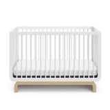 Two-tone white and natural wood baby crib, at a front-facing angle (White with Driftwood)