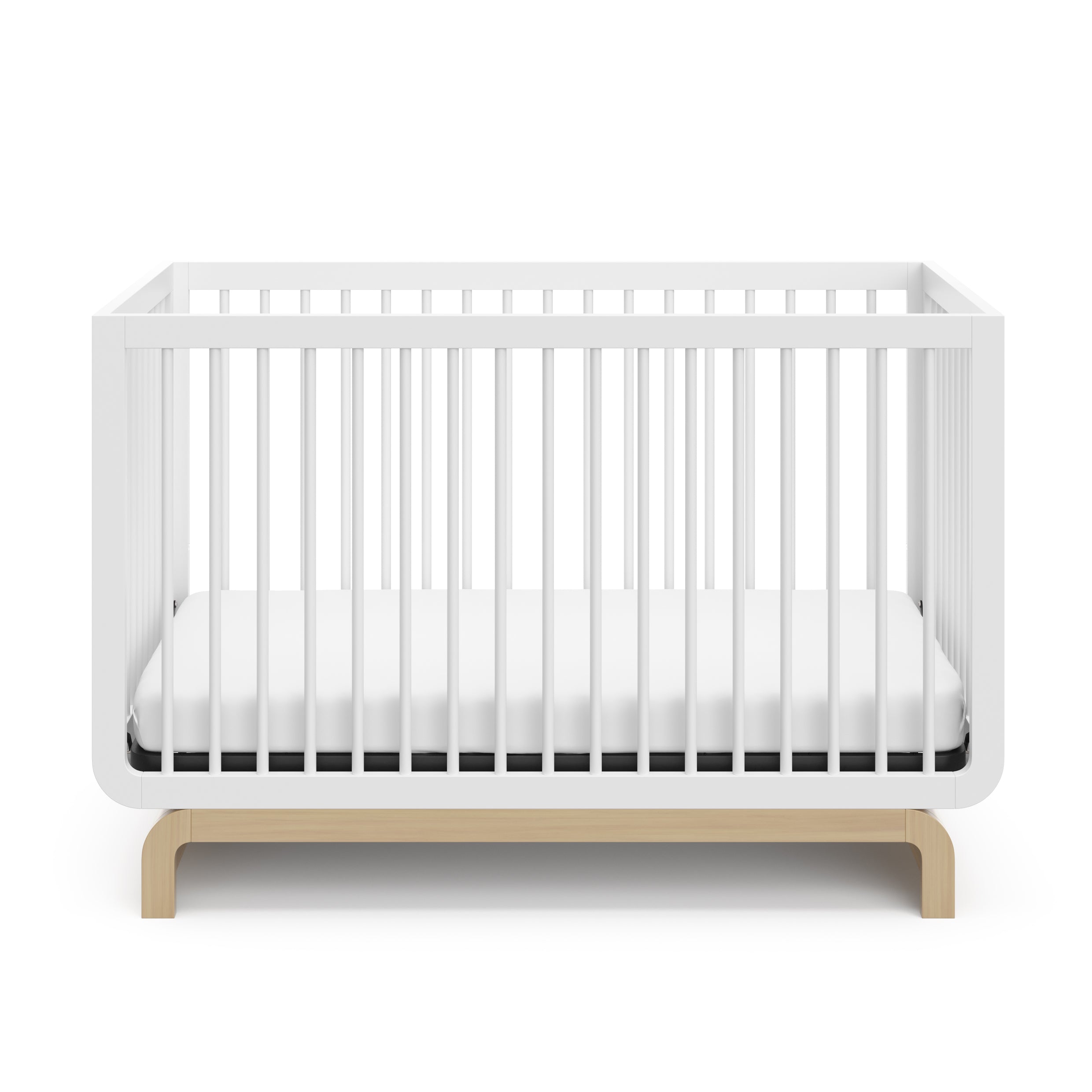 Two-tone white and natural wood baby crib, at a front-facing angle (White with Driftwood)