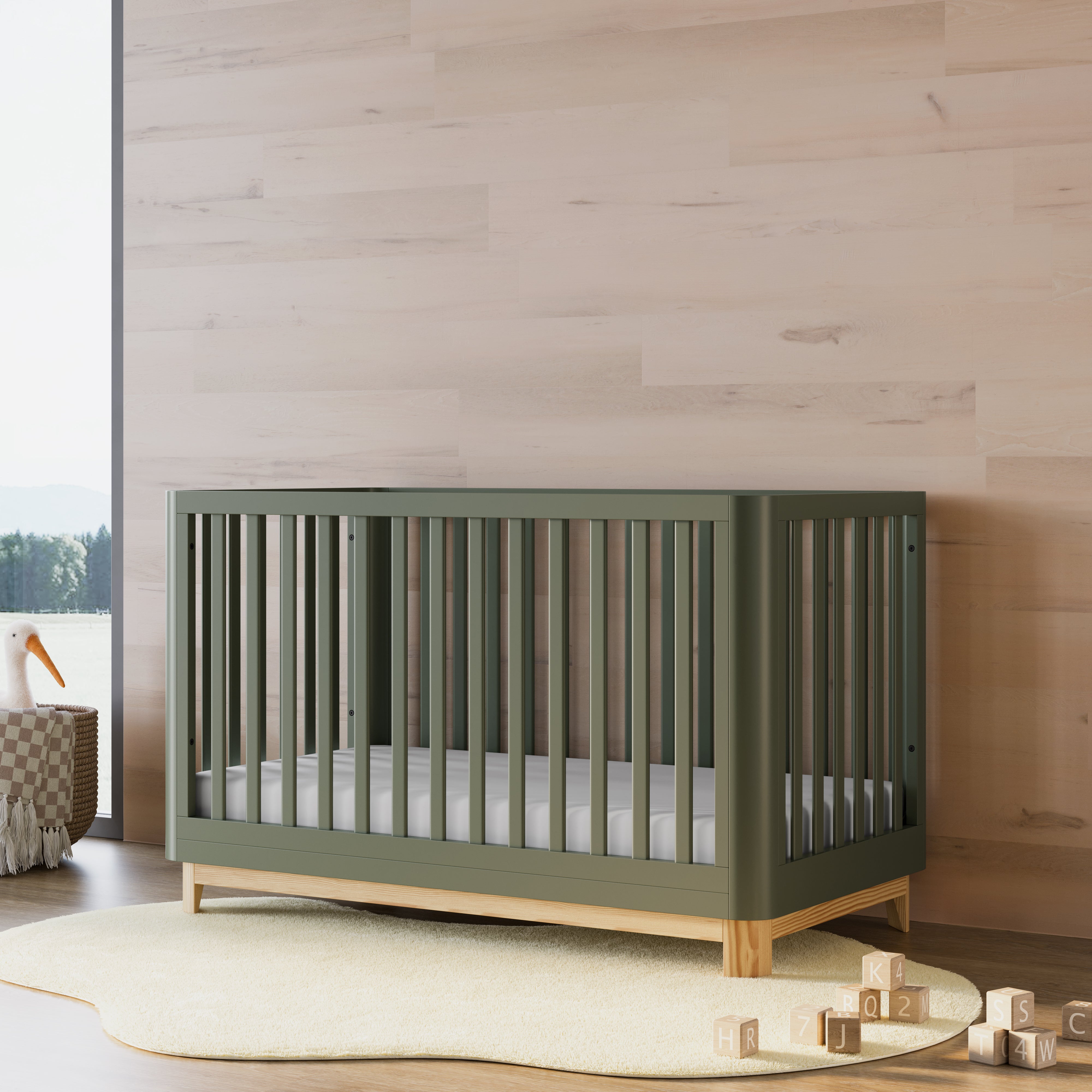 Santos olive with natural crib in a nursery