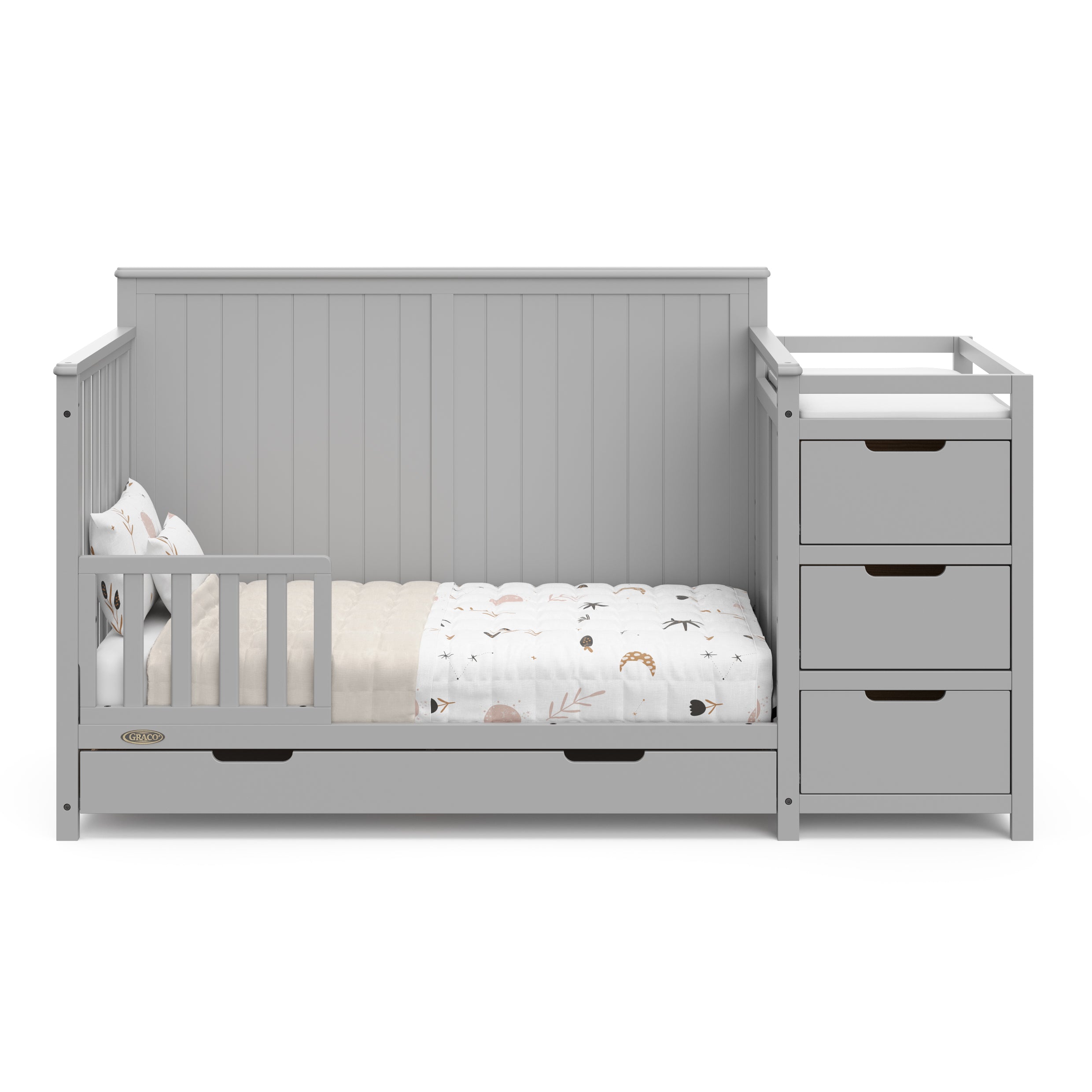 Hadley pebble gray crib and changer with drawer toddler bed conversion with one guardrail