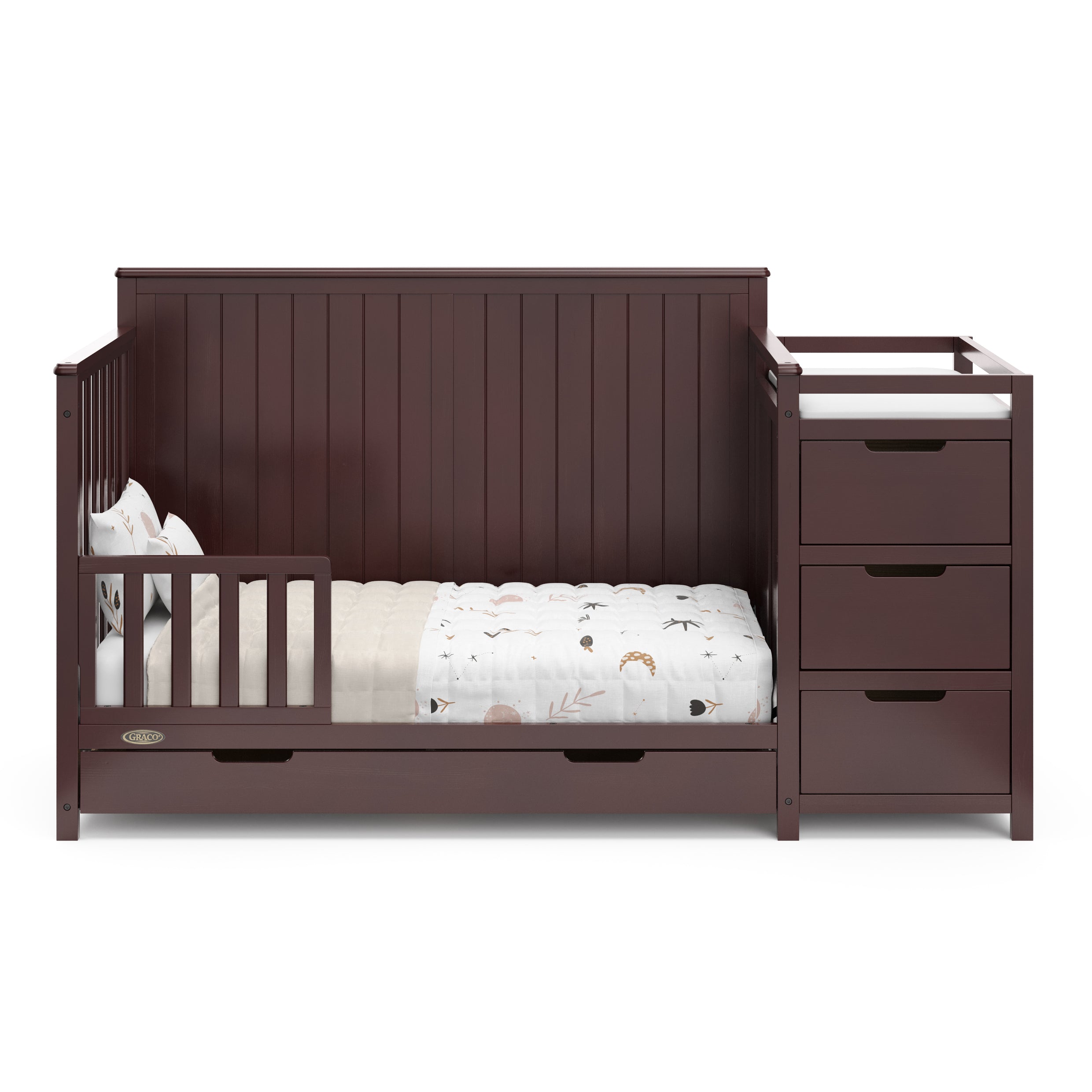 Hadley espresso crib and changer with drawer toddler bed conversion with one guardrail