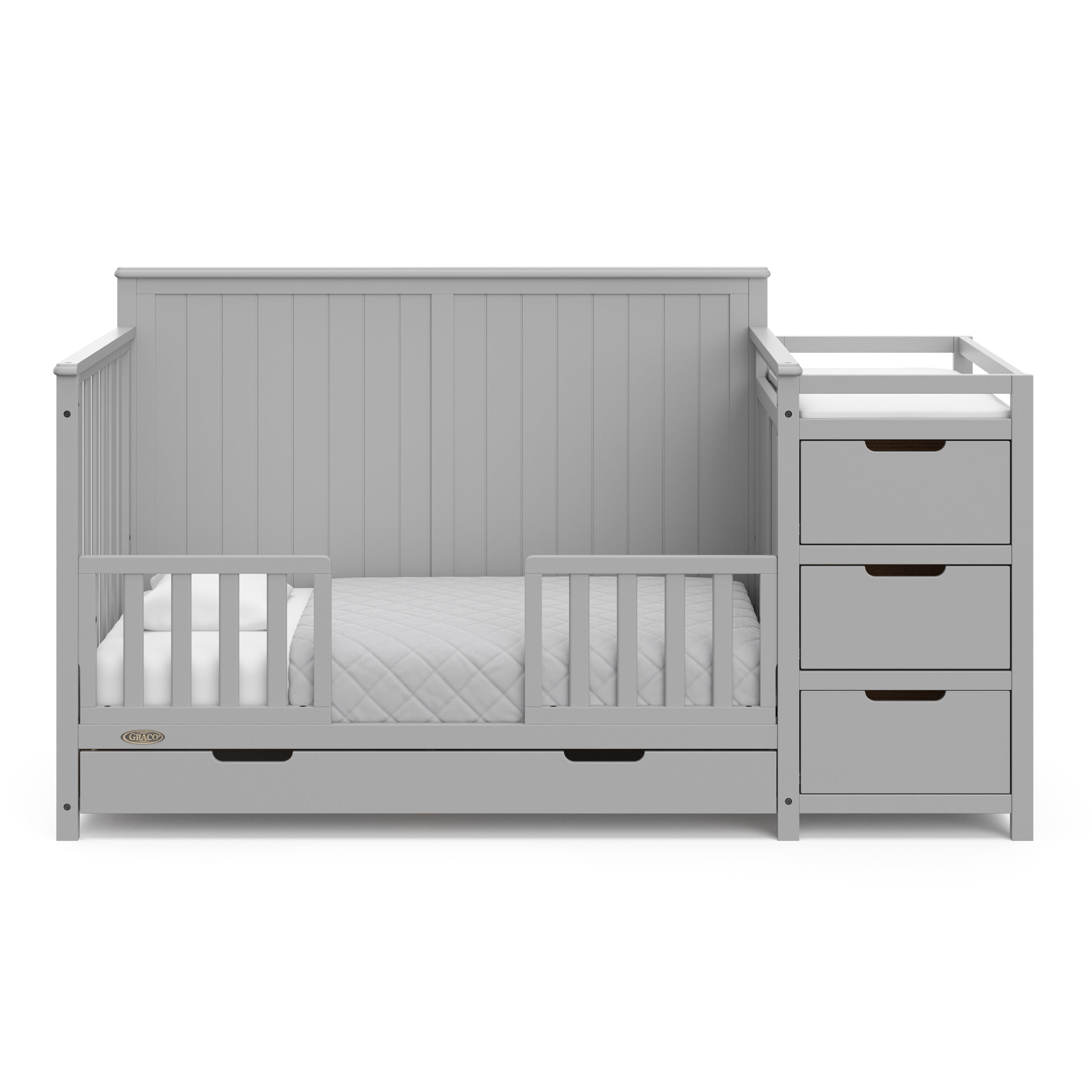Hadley pebble gray crib and changer with drawer toddler bed conversion with two guardrails