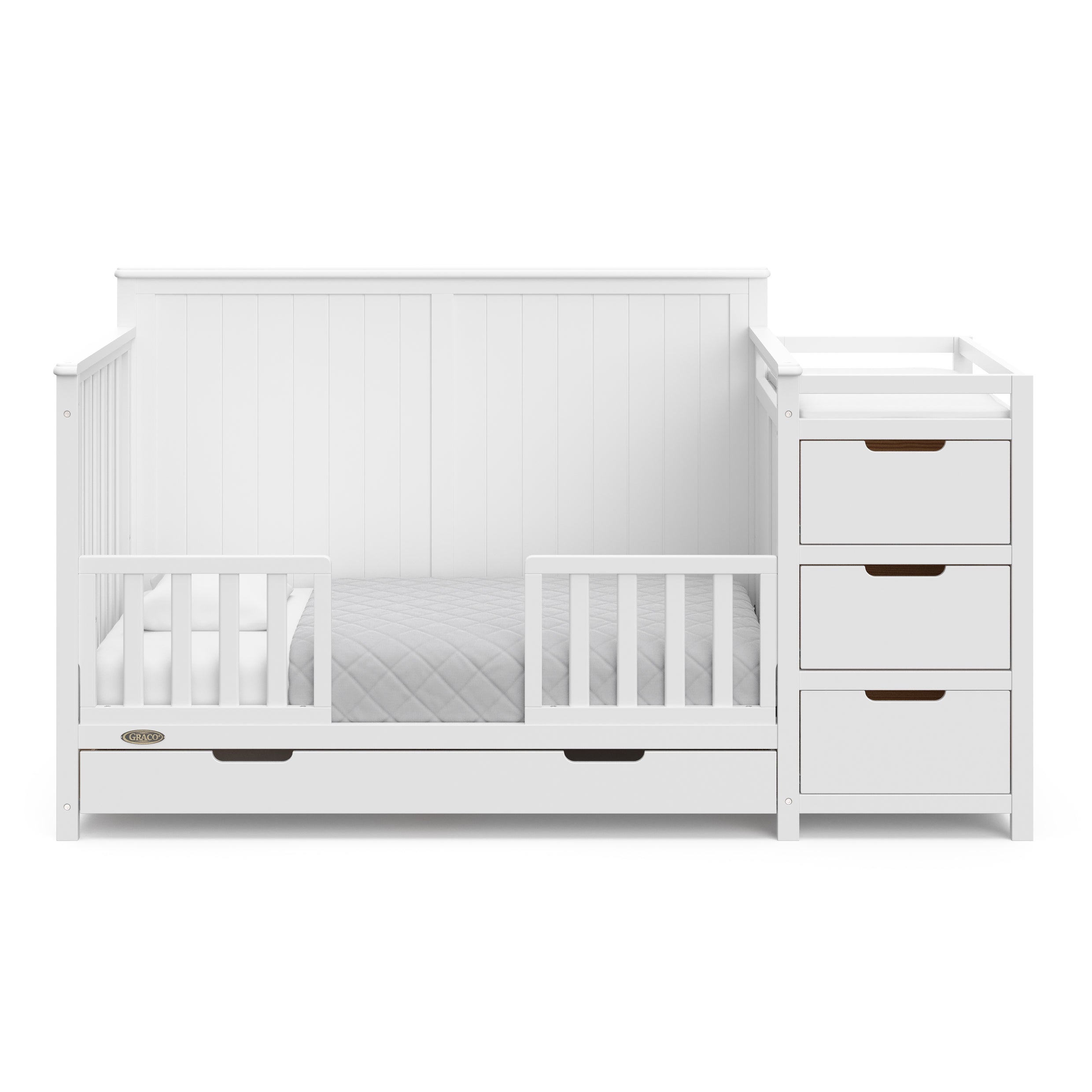 Hadley white crib and changer with drawer toddler bed conversion with two guardrails