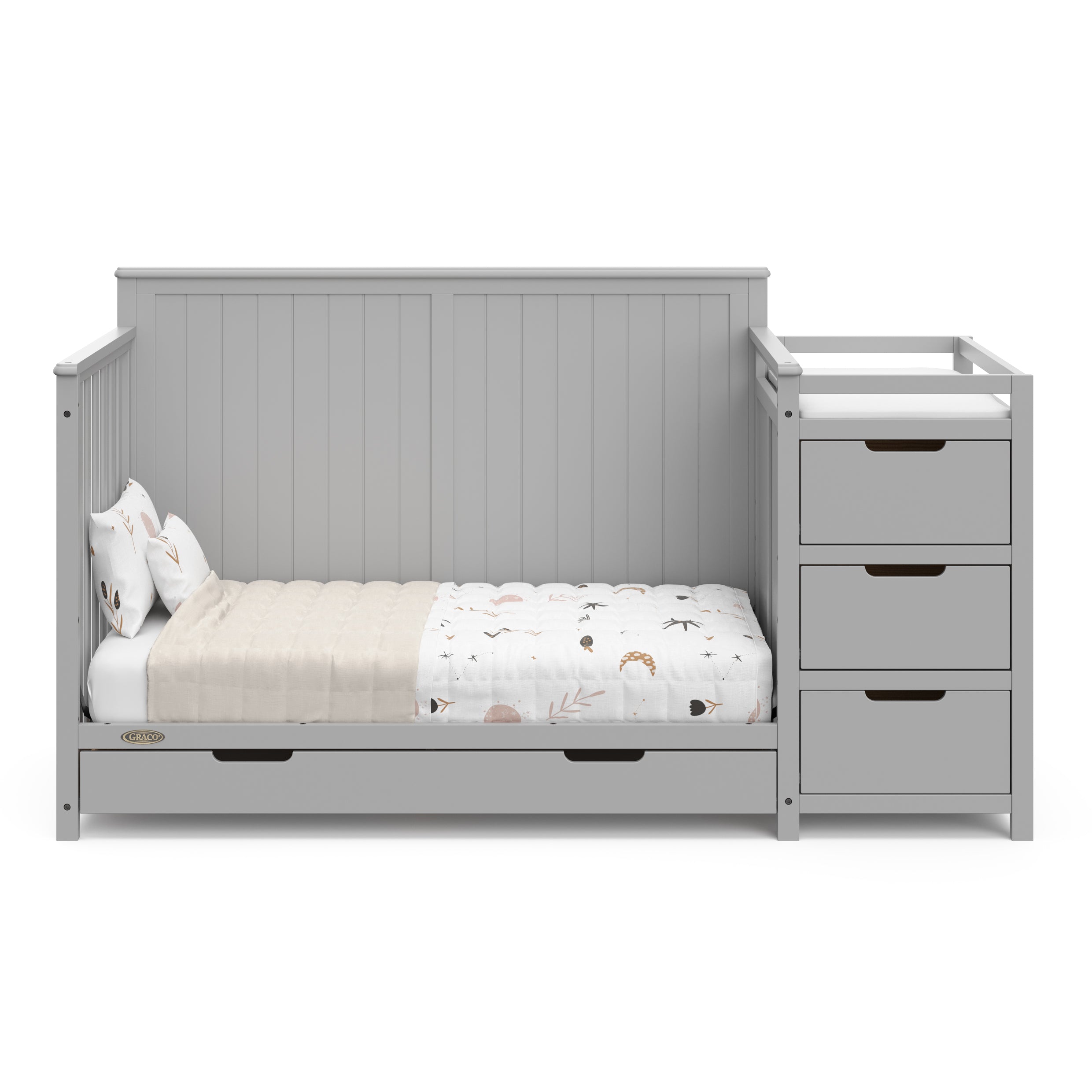 Hadley pebble gray crib and changer with drawer toddler bed conversion