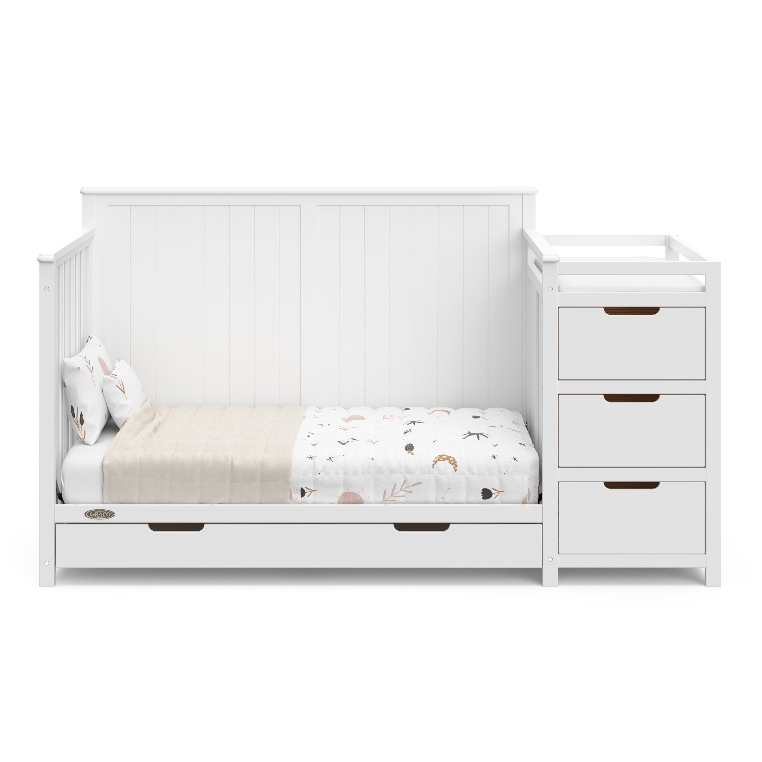 Hadley white crib and changer with drawer toddler bed conversion
