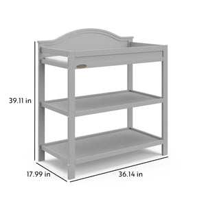 Pebble gray angled changing table with two open shelves with dimensions