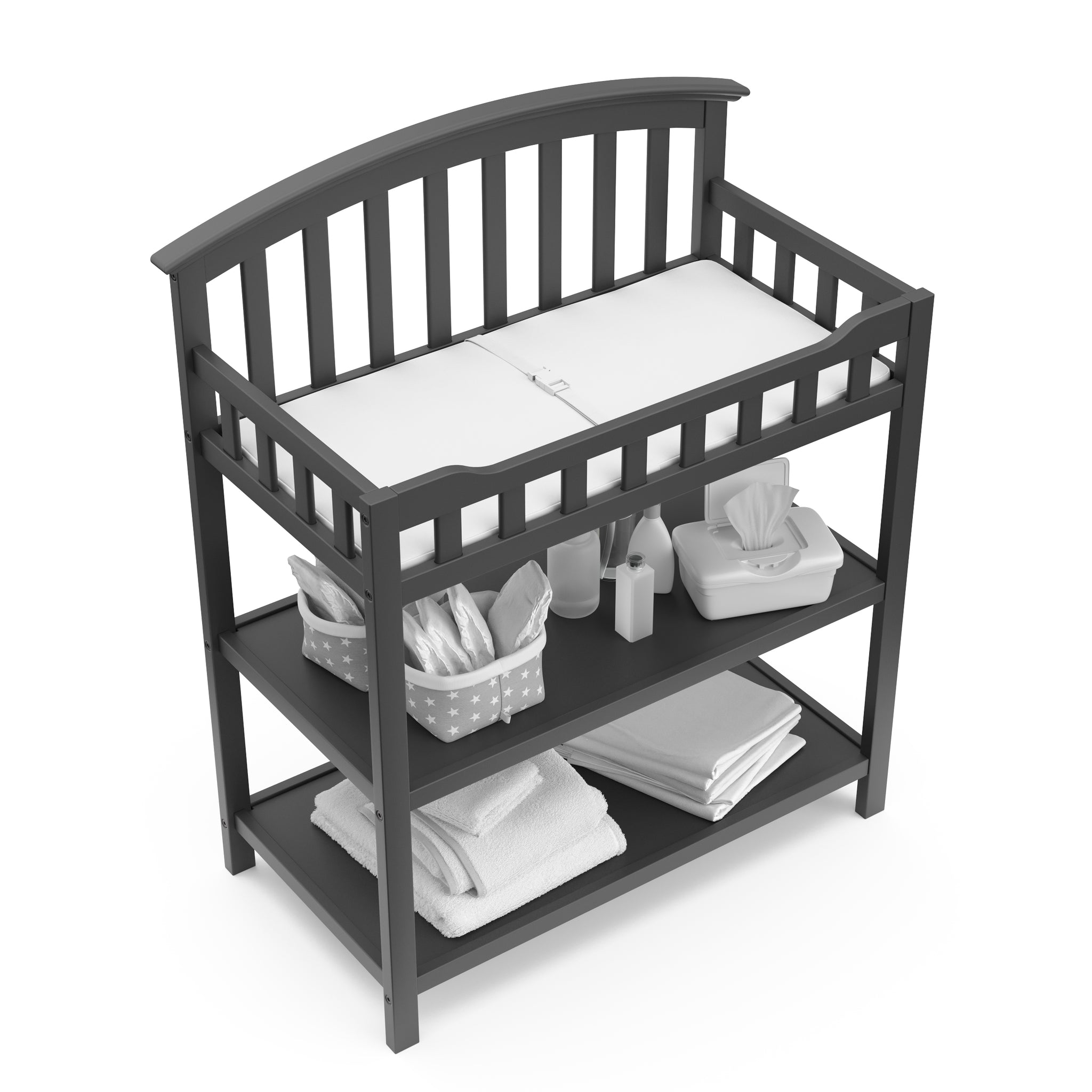 Bird’s-eye view of gray changing table with two open shelves