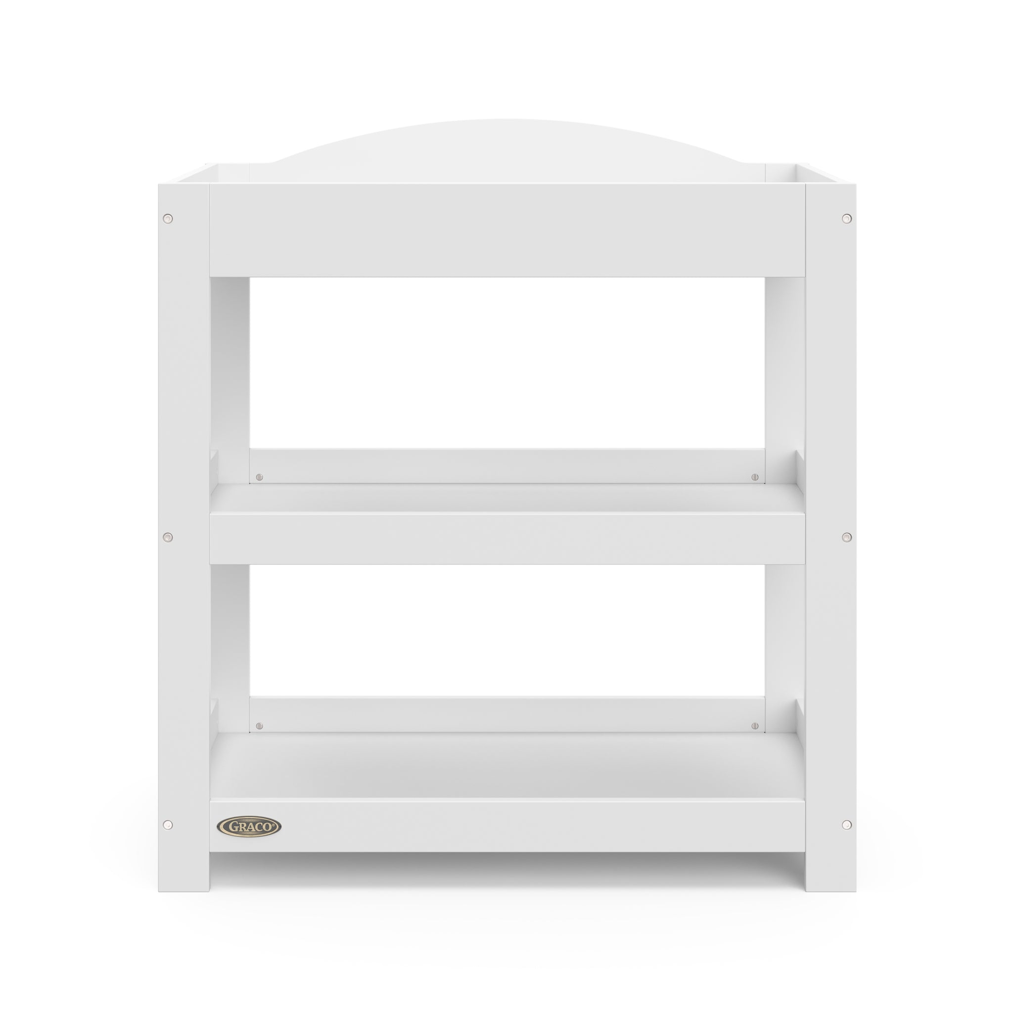 Front view of white changing table with removable headboard and two open shelves