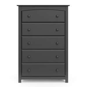 Front view of gray 5 drawer chest