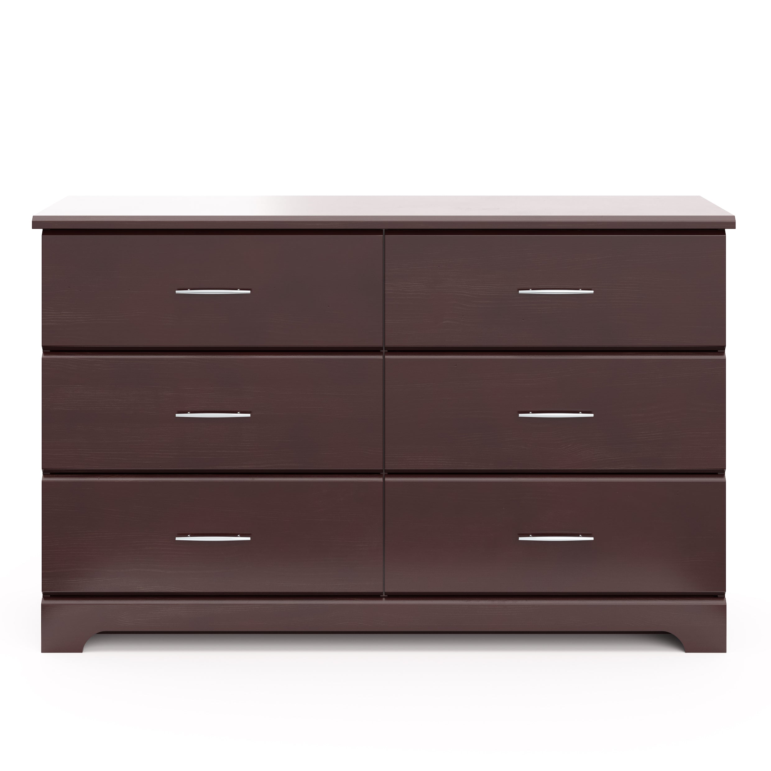 Front view of espresso 6 drawer dresser