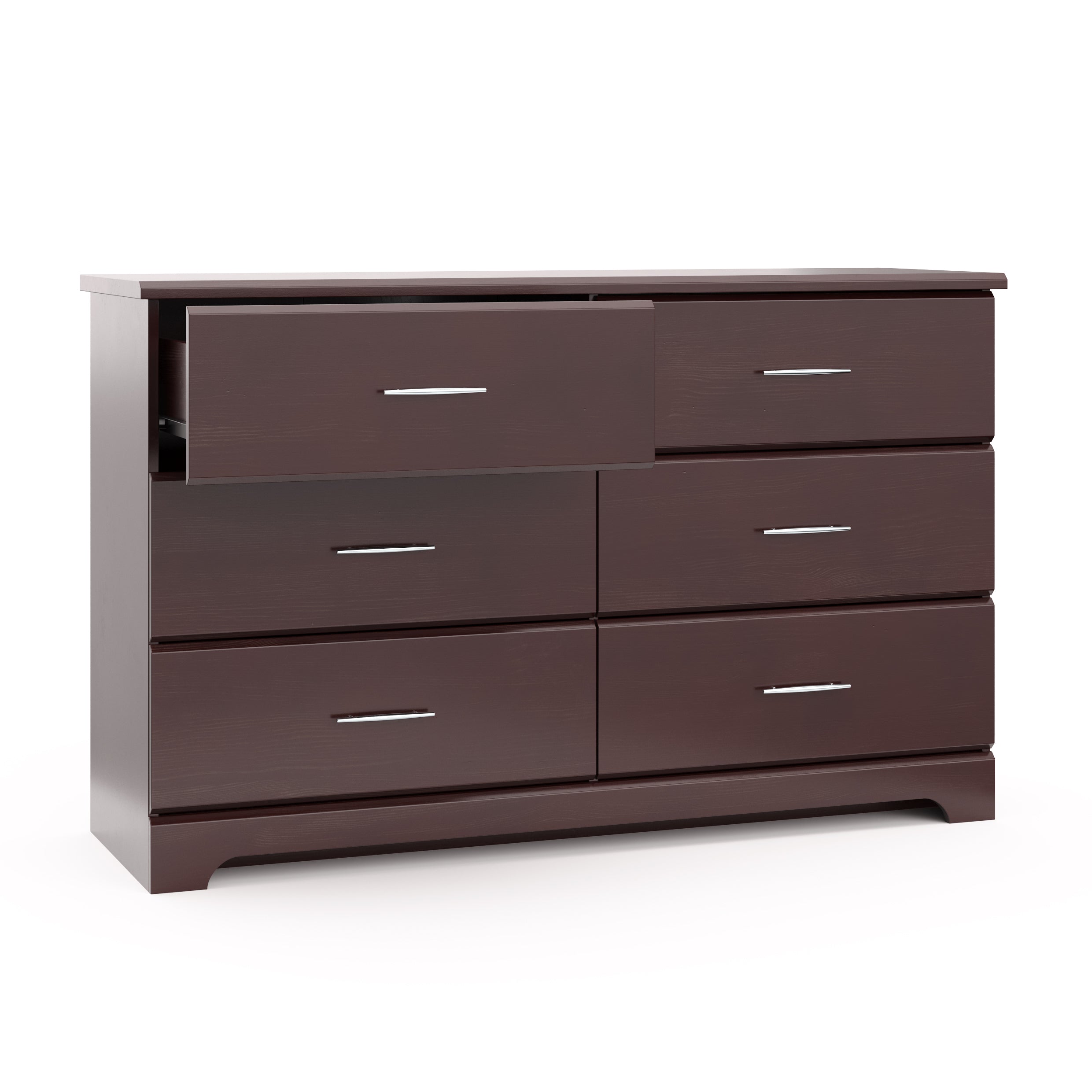 espresso 6 drawer dresser with open drawer