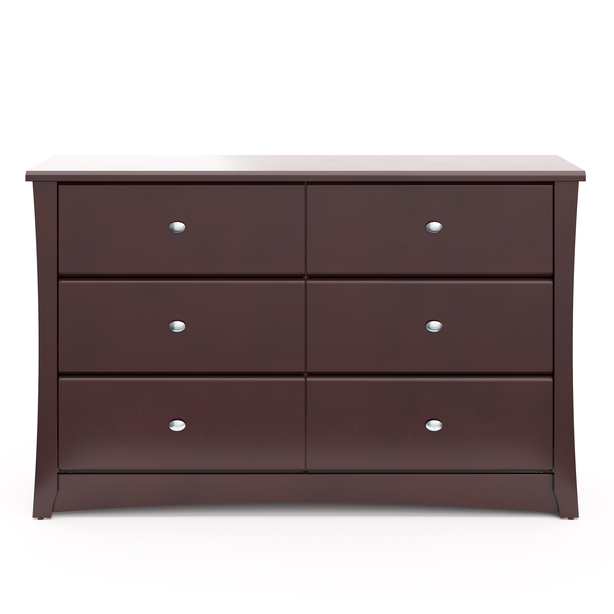Front view of espresso 6 drawer dresser