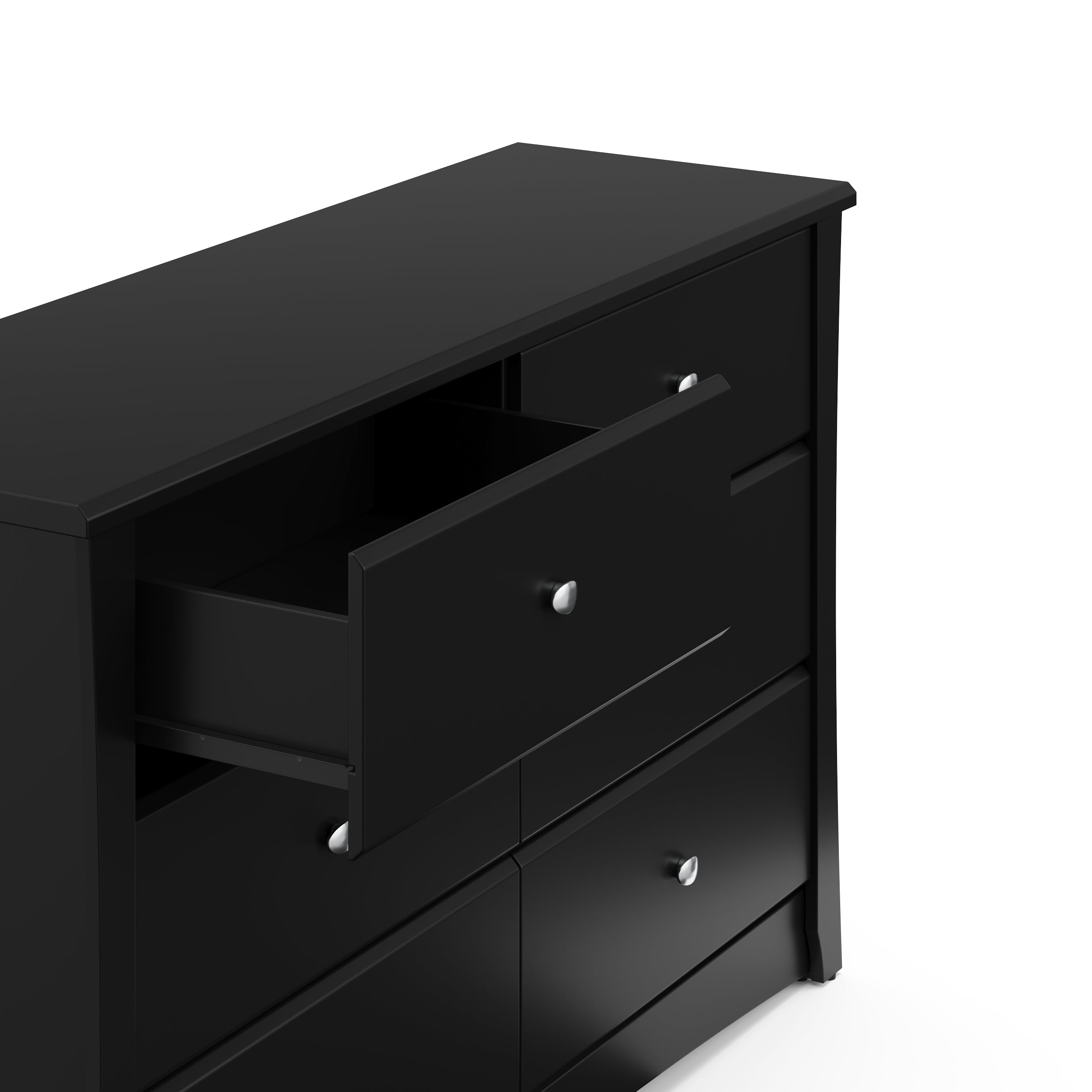 Black 6 drawer dresser with open drawer angled view