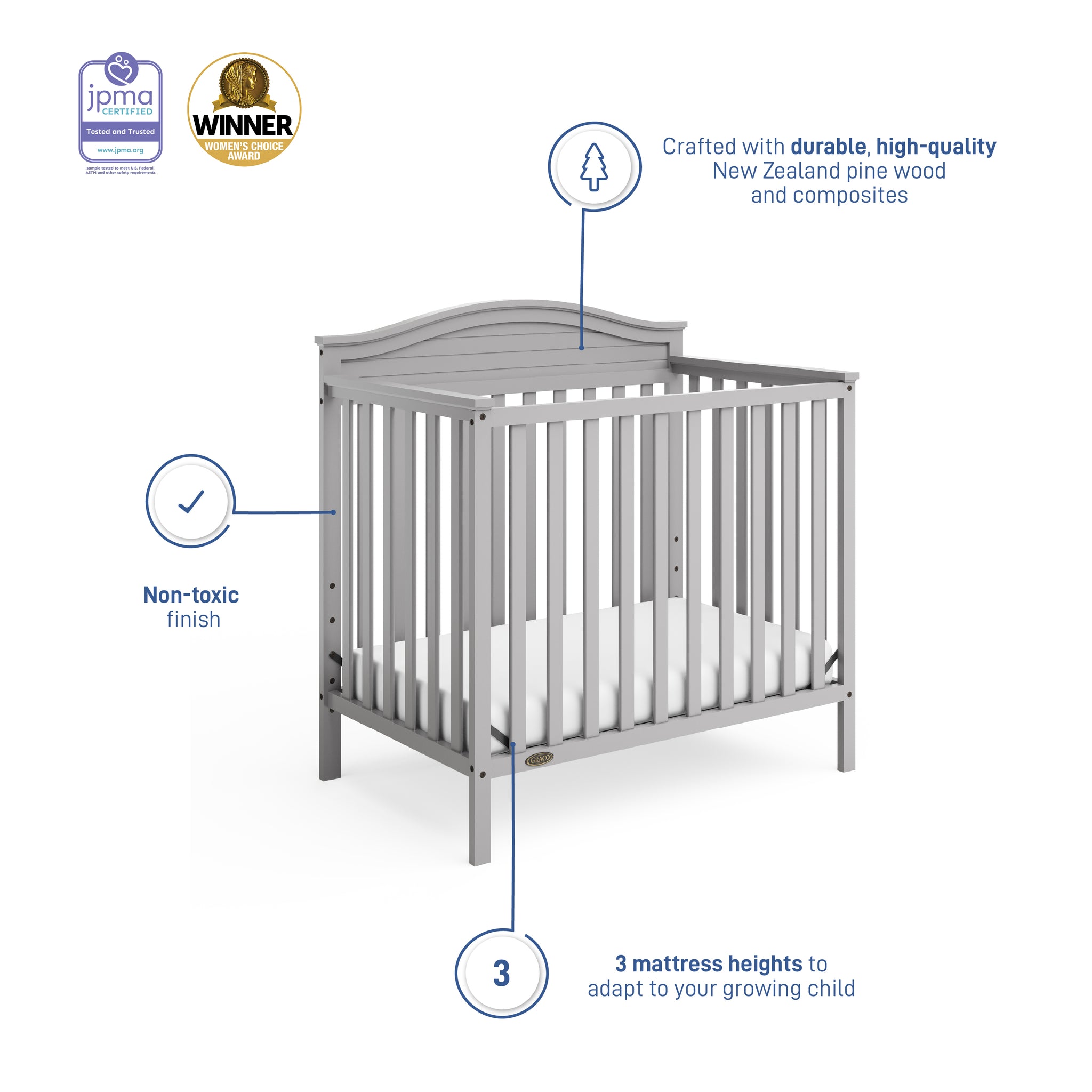 pebble gray crib features graphic