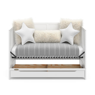 white crib with drawer in daybed conversion