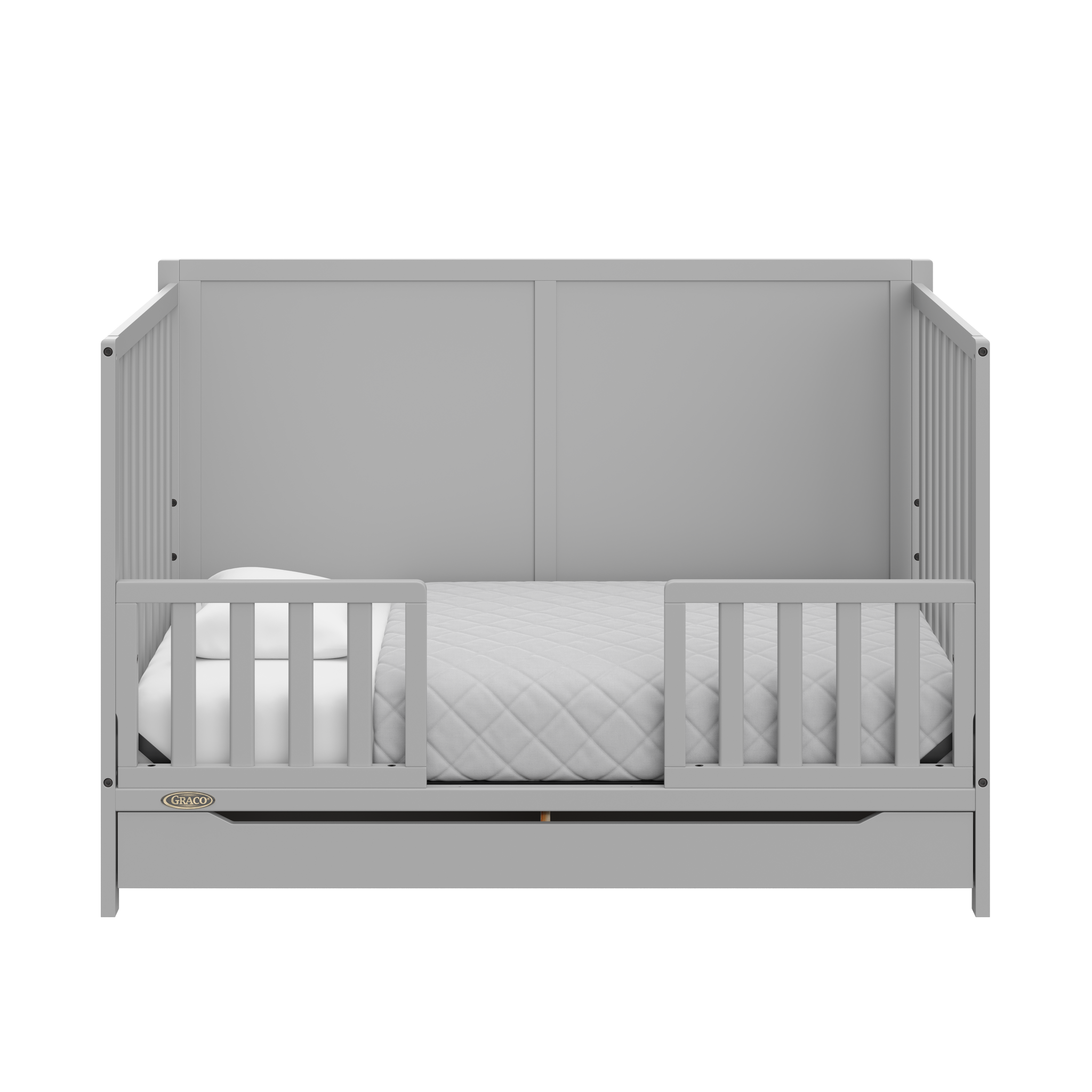 pebble gray crib with drawer in toddler bed conversion with two toddler safety guardrail