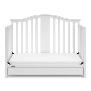 White crib with drawer in toddler bed conversion