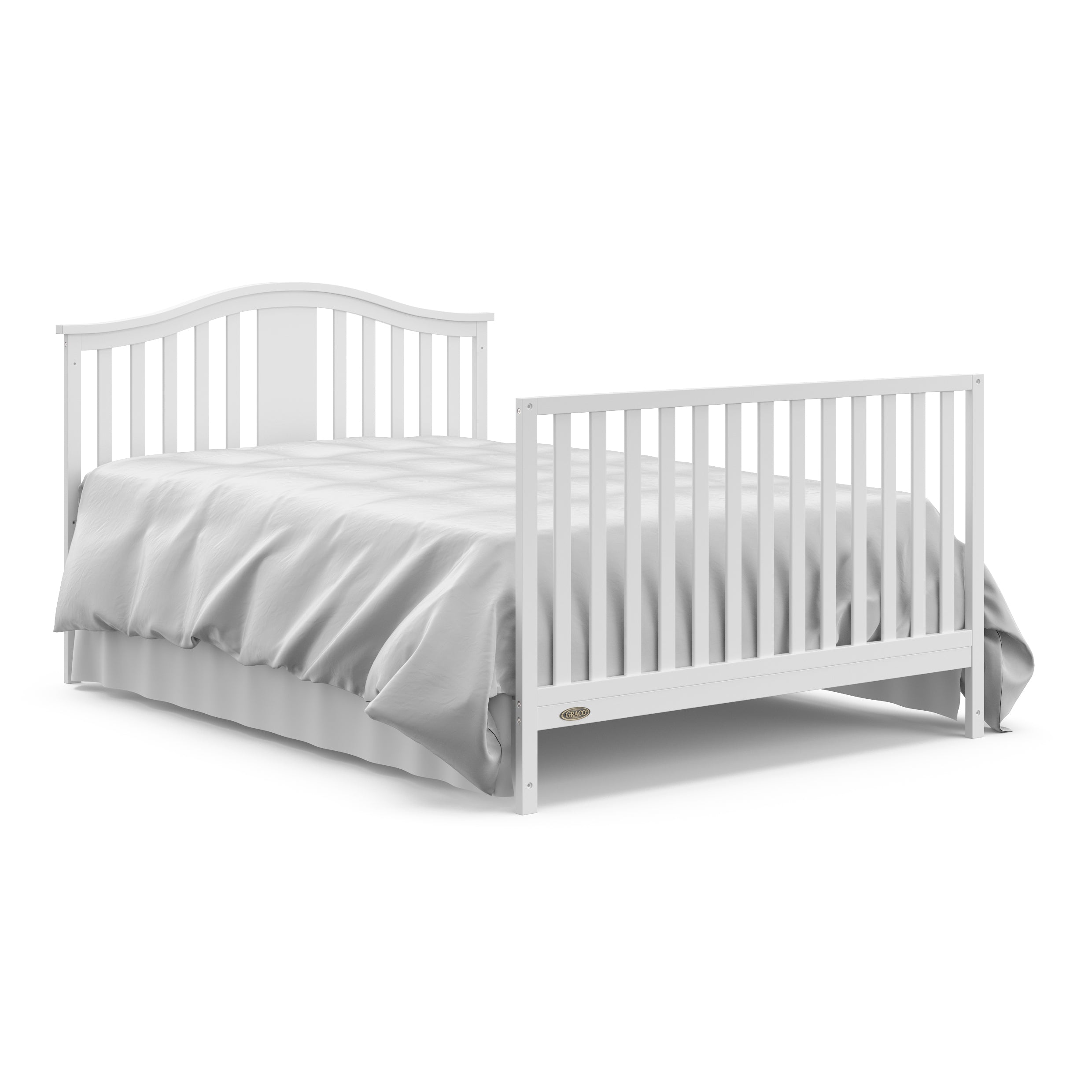 White crib with drawer in full-size bed with headboard and footboard conversion