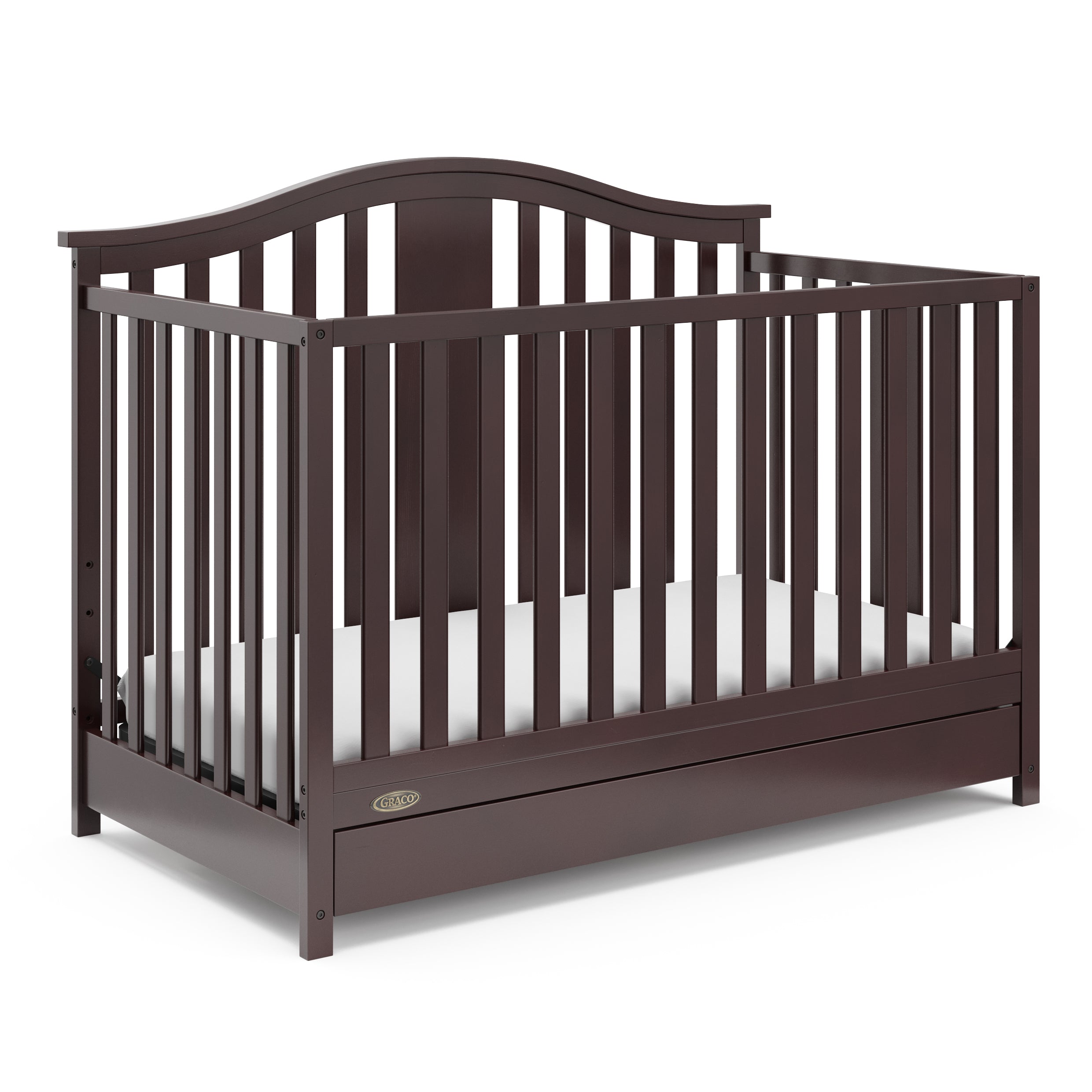espresso crib with drawer angled
