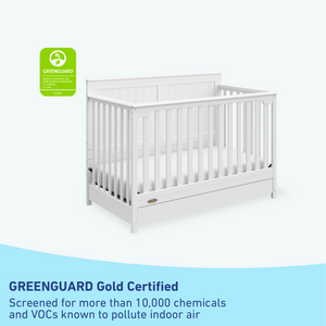 graphic of white crib with drawer certifications