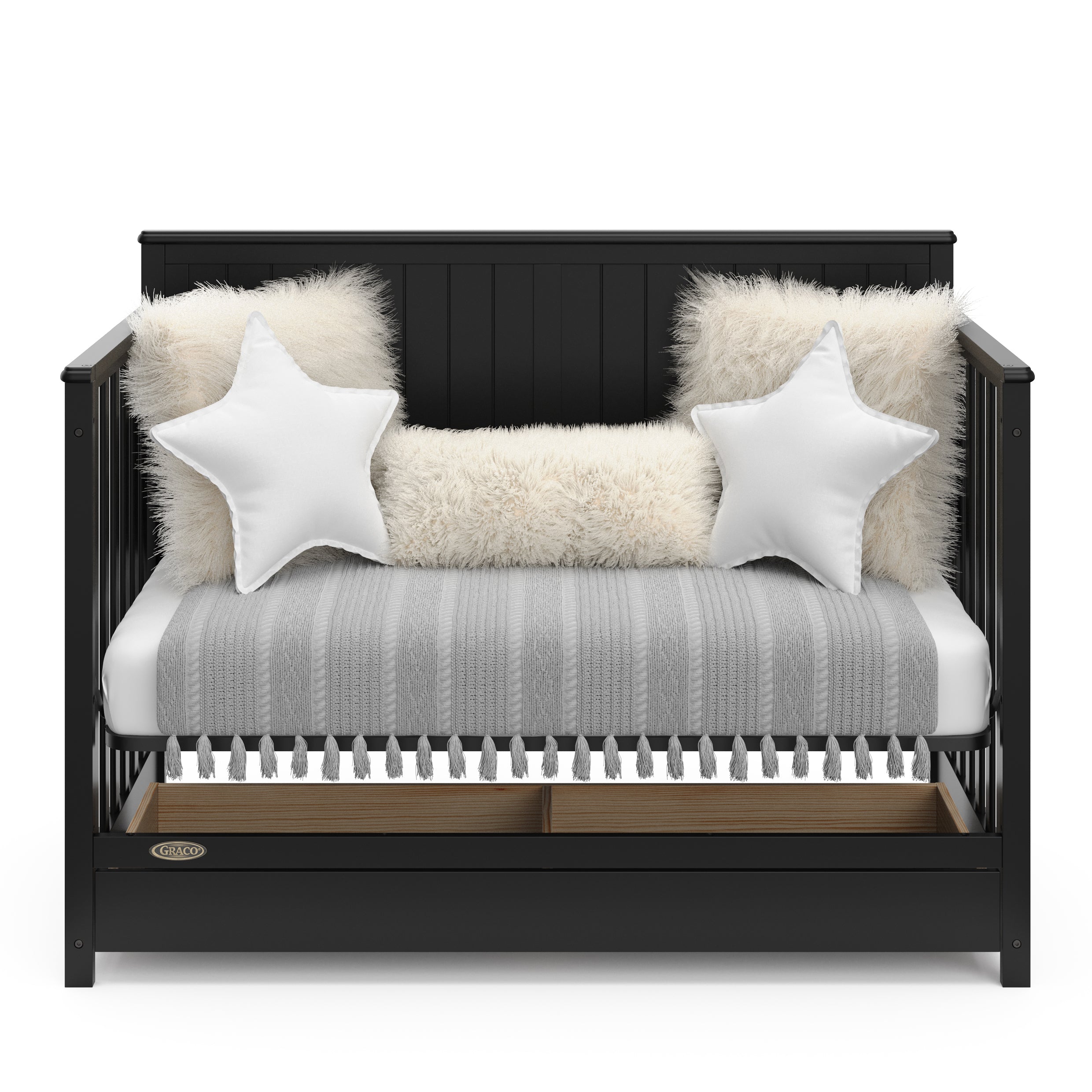 black crib with drawer in day bed conversion