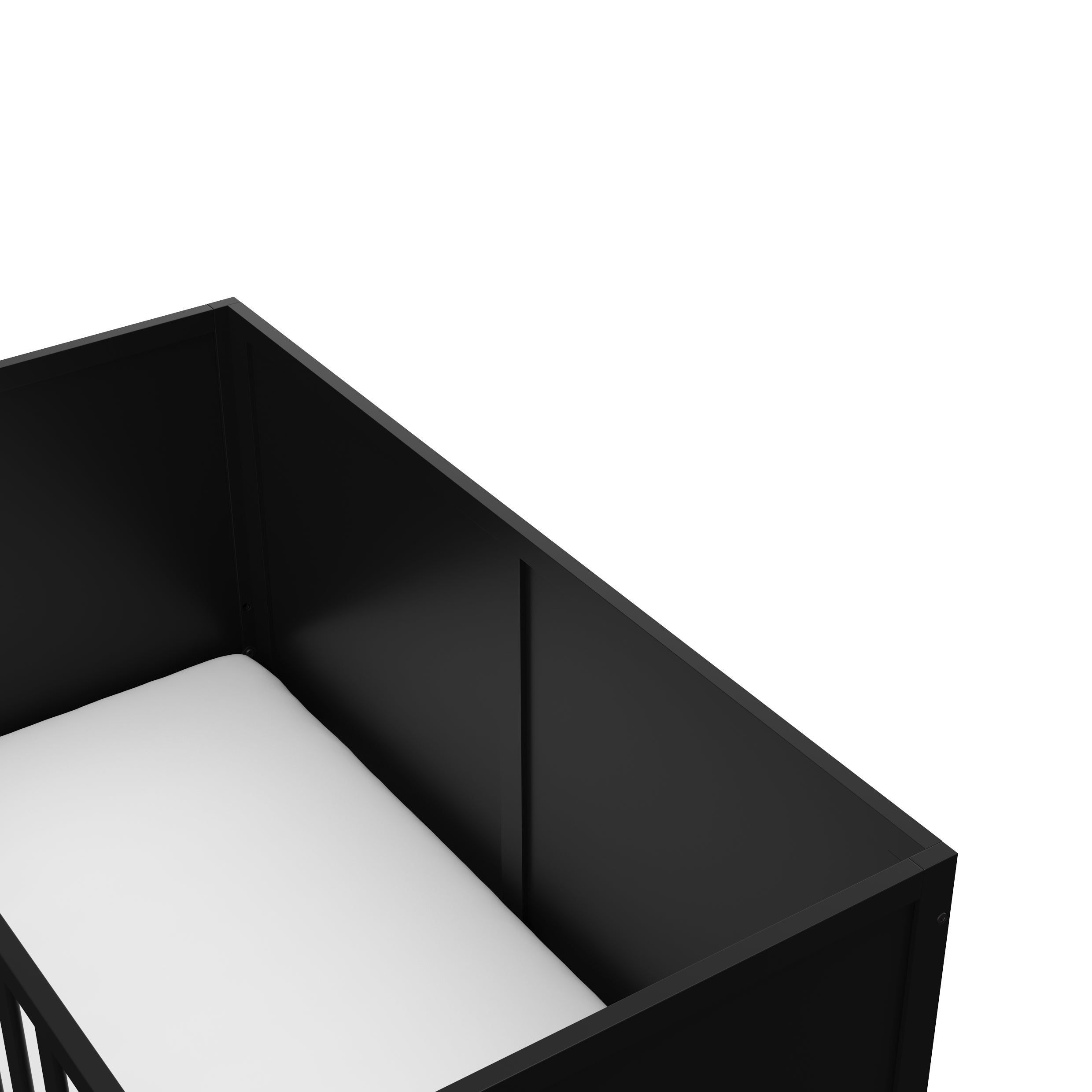 Close-up view of black crib's headboard