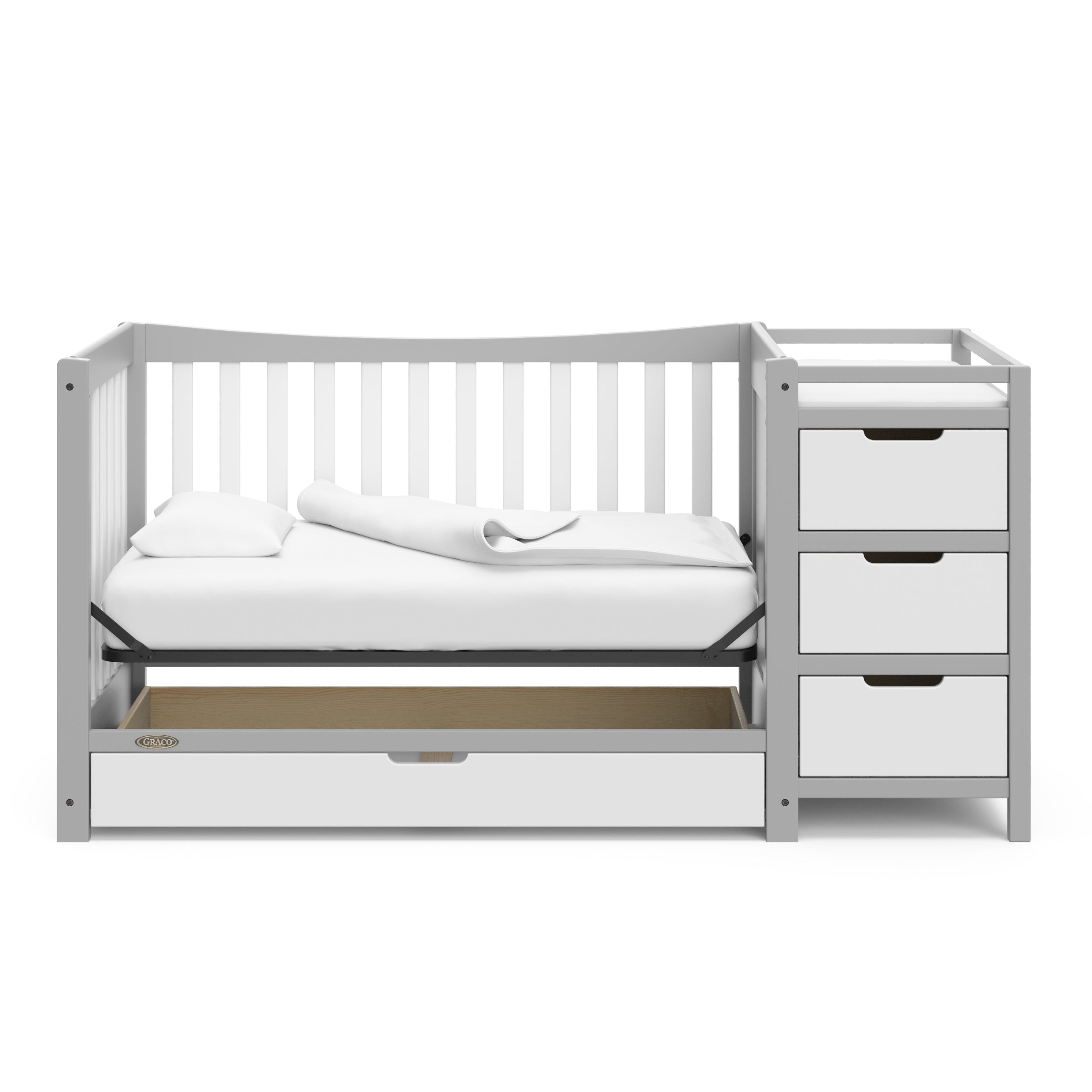 Pebble gray and white crib and changer with drawer in daybed conversion