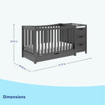 gray crib with changer dimensions graphic