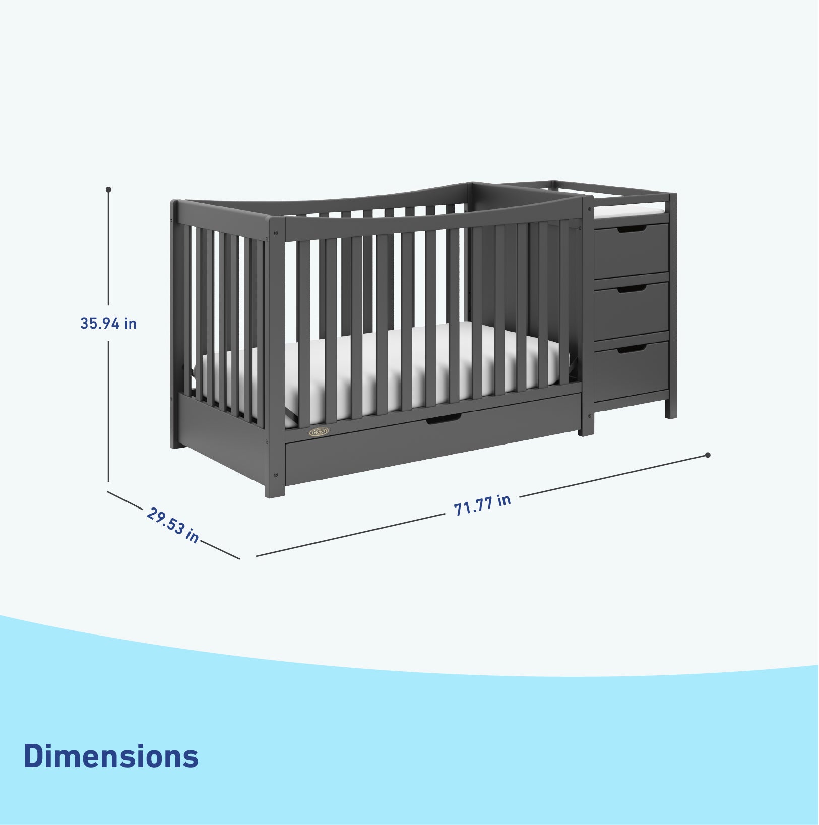 gray crib with changer dimensions graphic