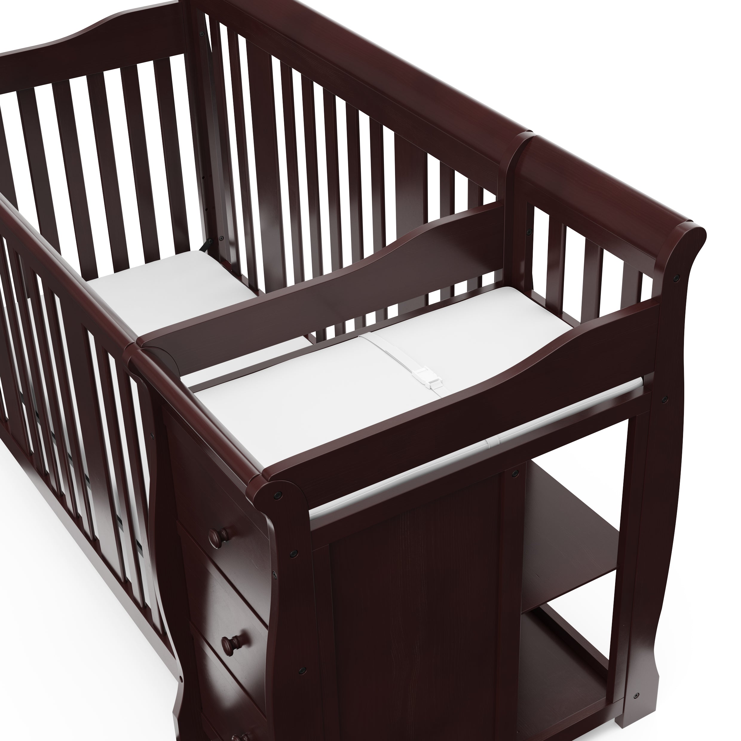 Close-up view of espresso crib and changer