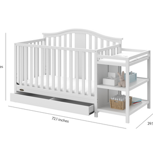 White crib and changer angled with dimensions