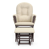 cherry glider and ottoman with beige cushions front view