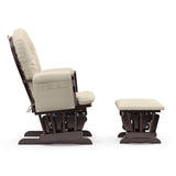 cherry glider and ottoman with beige cushions side view