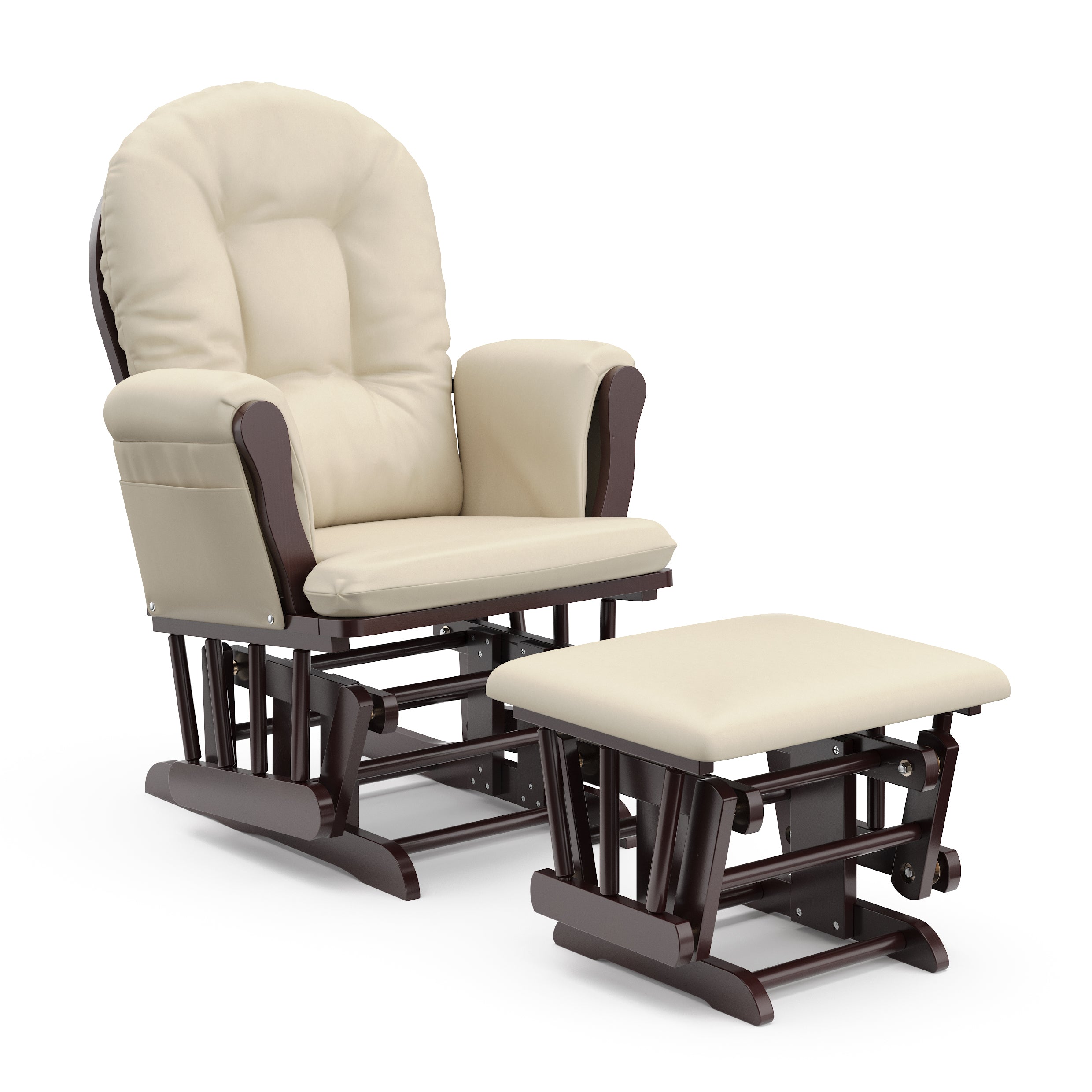 cherry glider and ottoman with beige cushions angled view