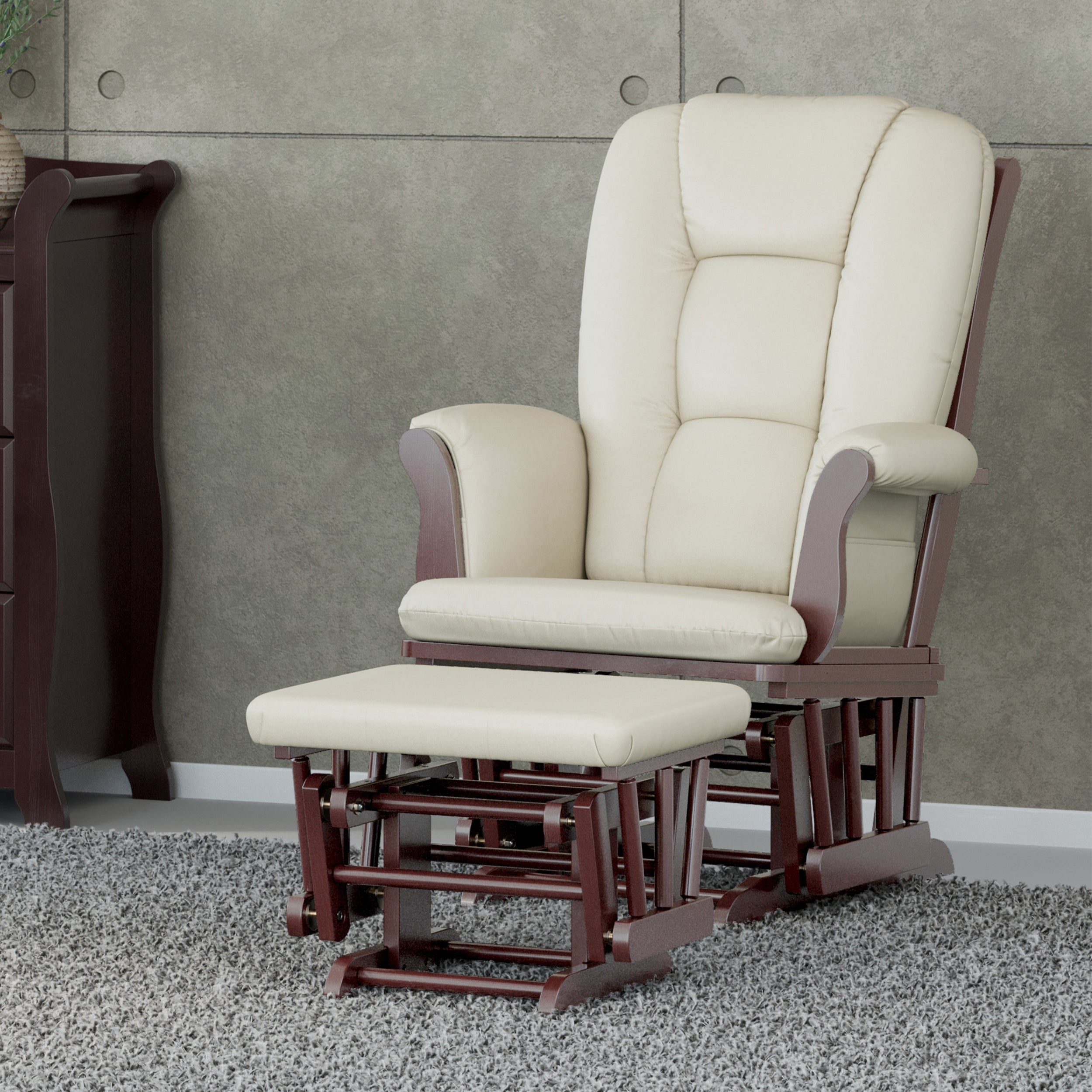 espresso glider and ottoman with beige cushions in nursery