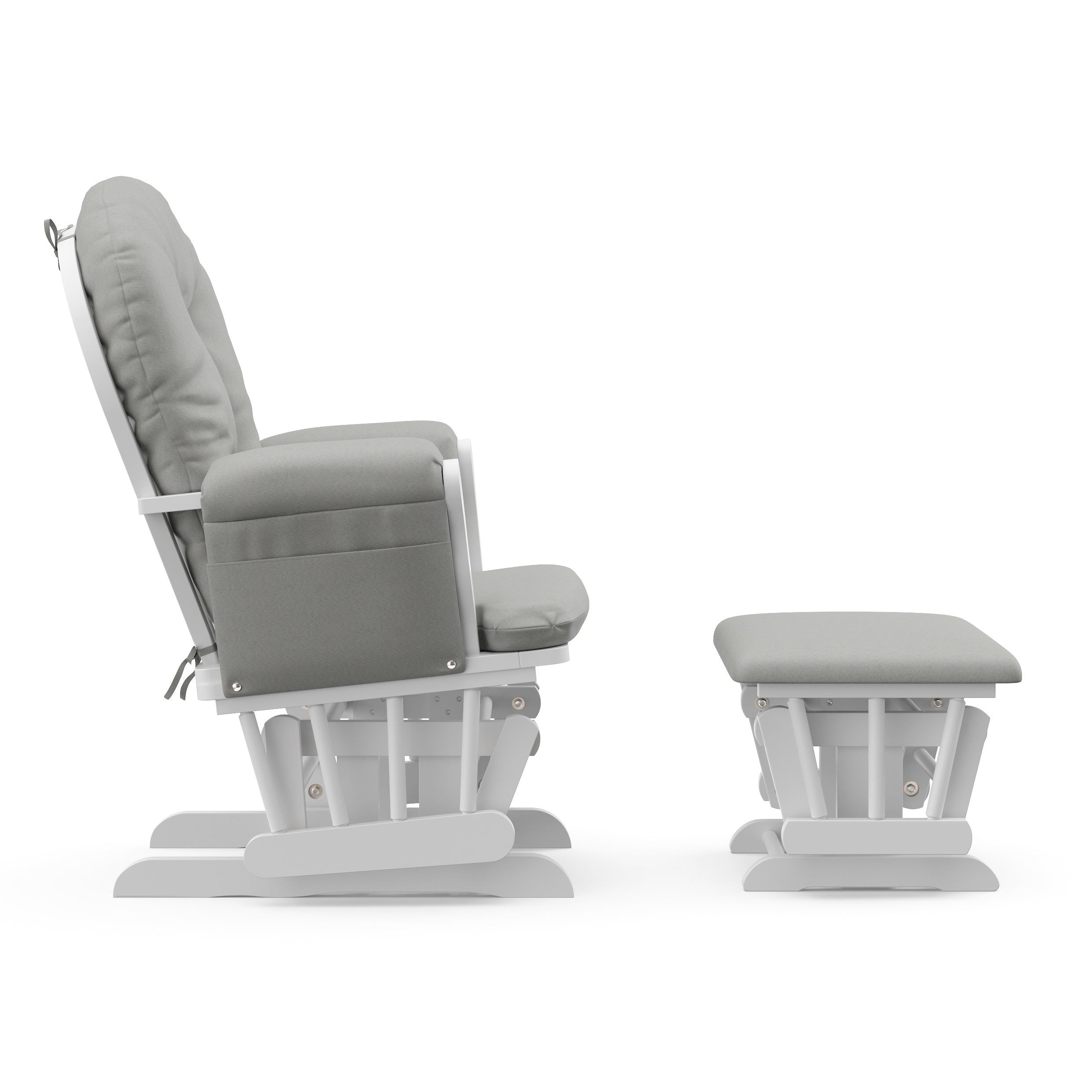 white glider and ottoman with light gray cushions side view