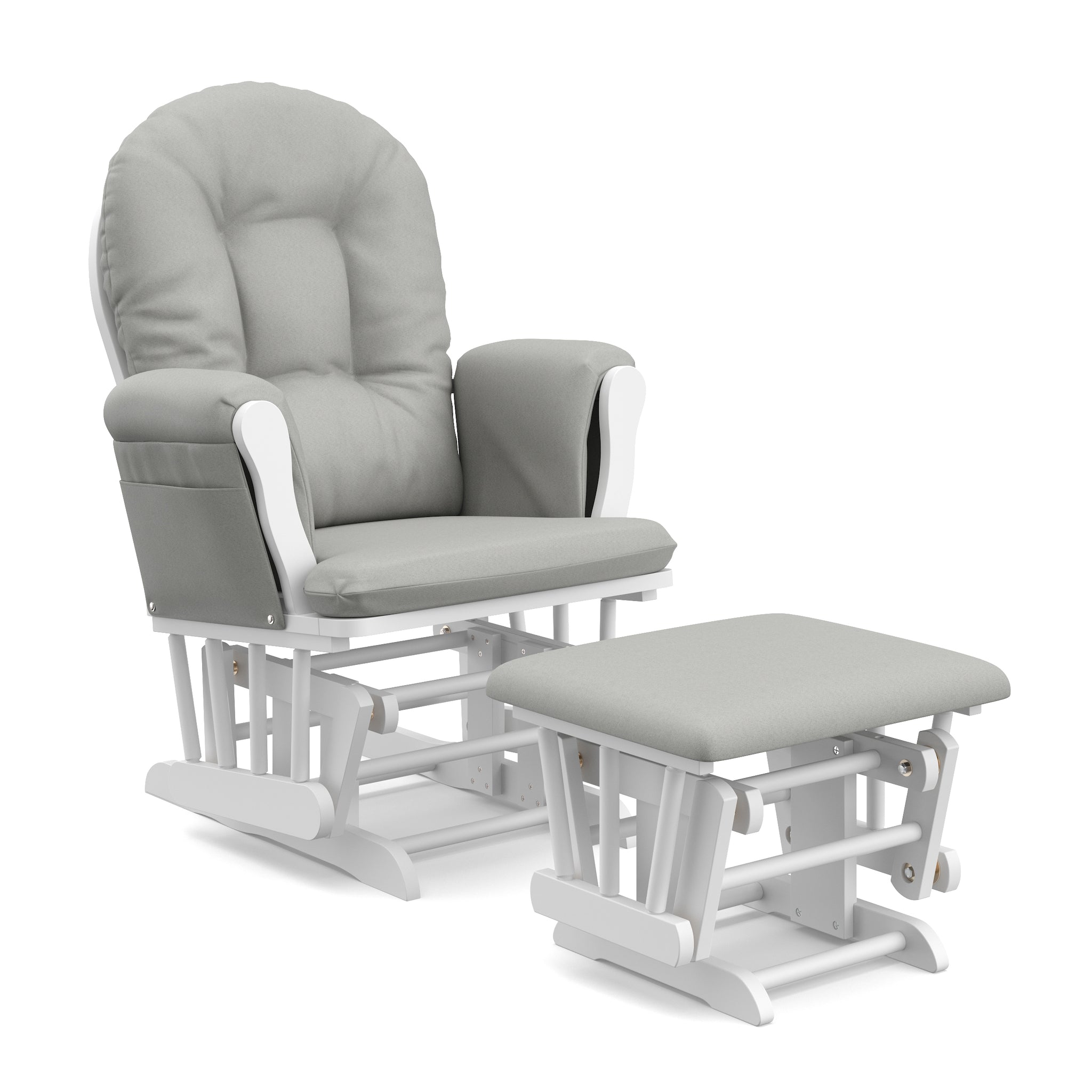 white glider and ottoman with light gray cushions angled view