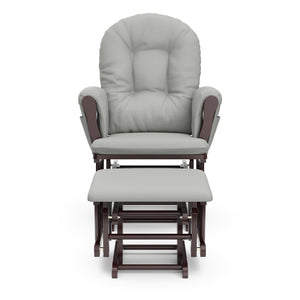 espresso glider and ottoman with light gray cushions front view