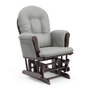 espresso glider with light gray cushions angled view