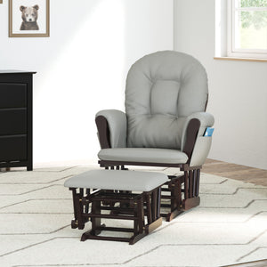 espresso glider and ottoman with light gray cushions in nursery