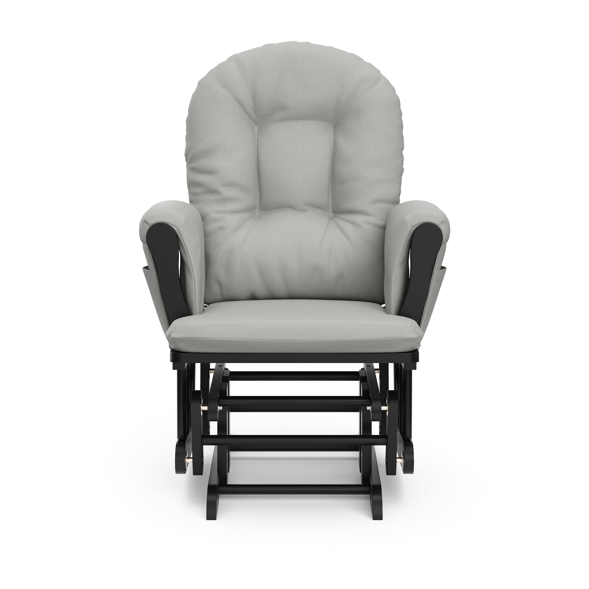 black glider with light gray cushions front view