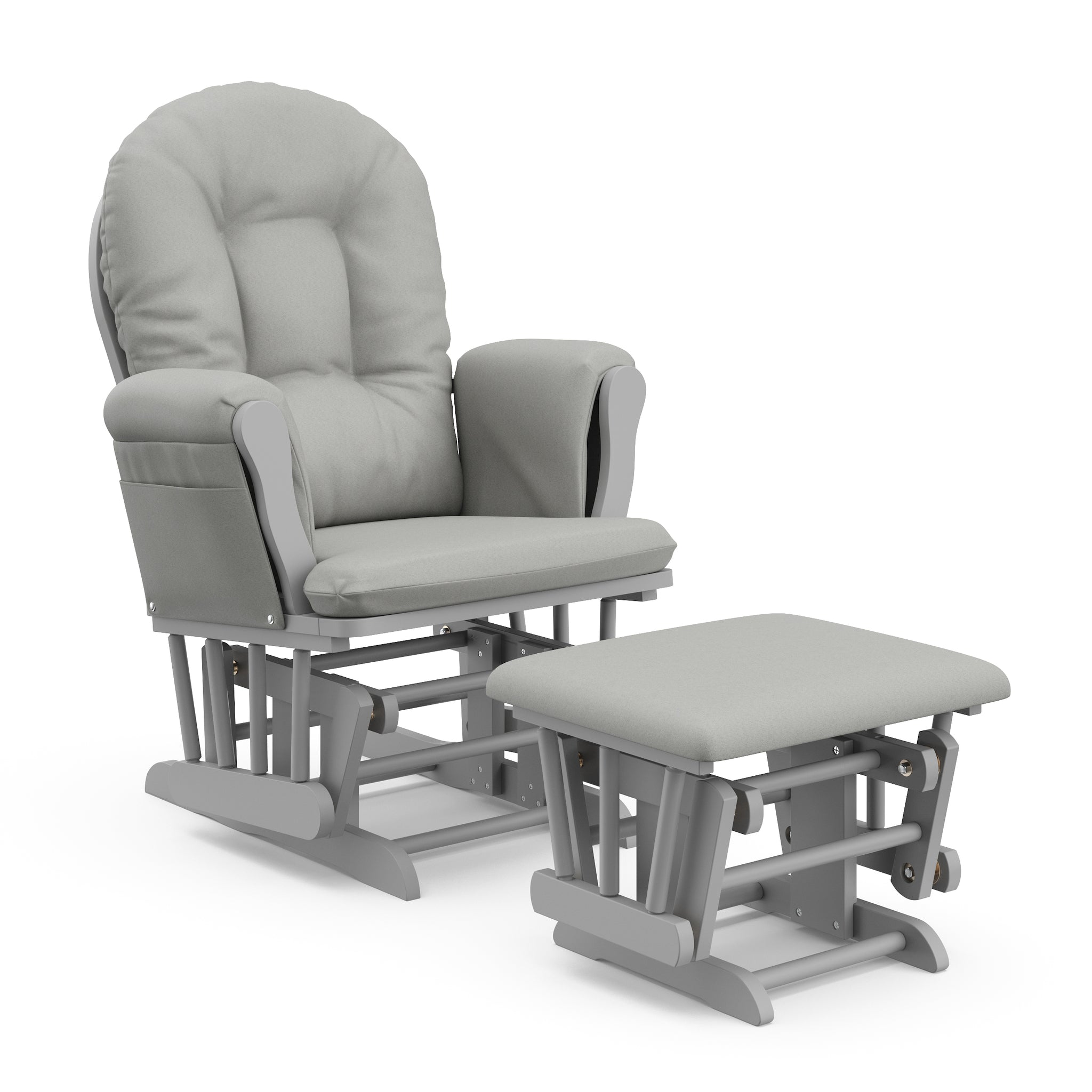 pebble gray glider and ottoman with light gray cushions angled view