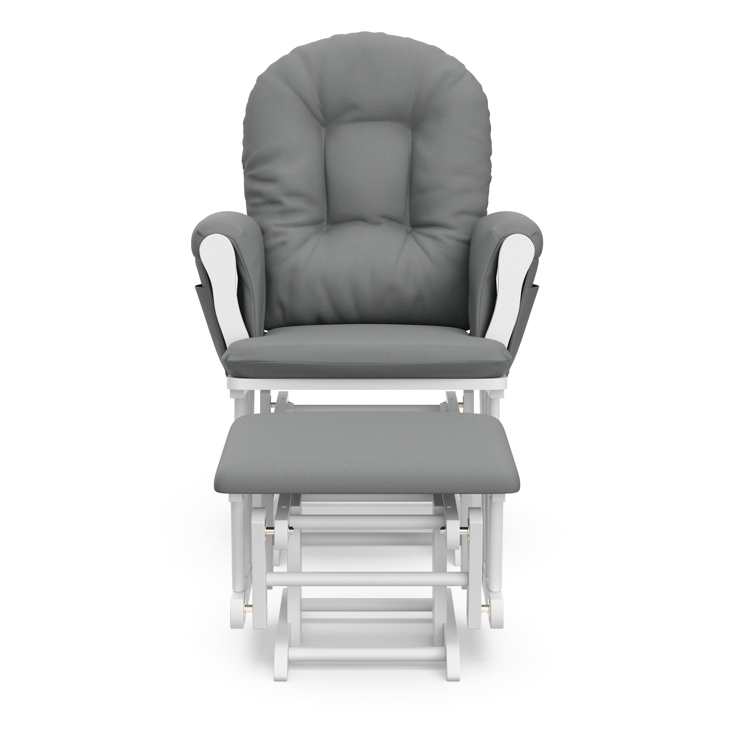 white glider and ottoman with gray cushions front view
