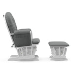 white glider and ottoman with gray cushions side view