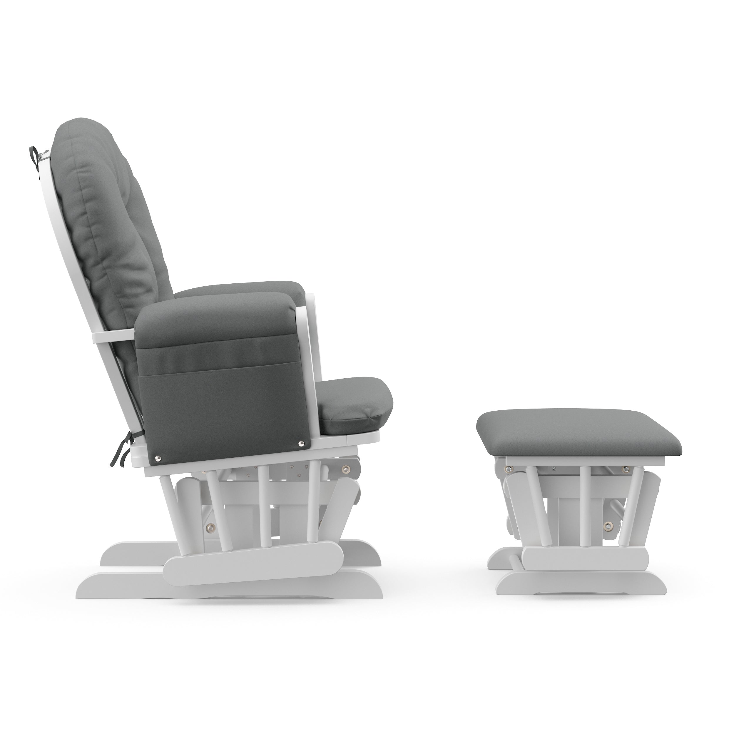 white glider and ottoman with gray cushions side view