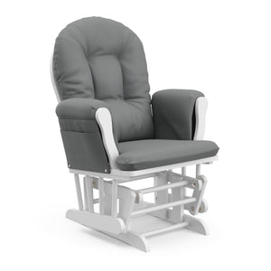 white glider with gray cushions angled view